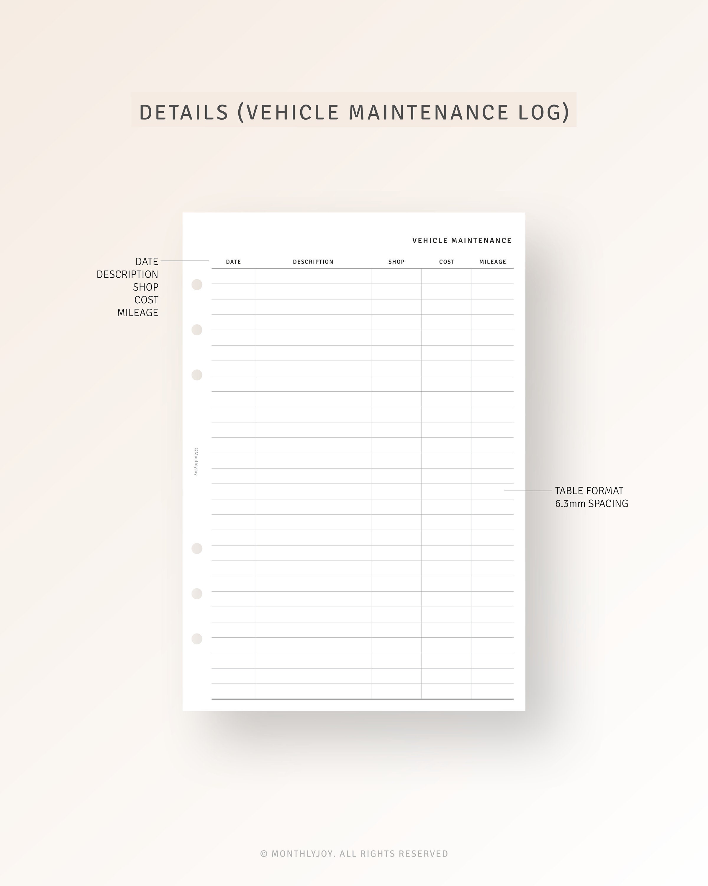 Car Maintenance Log A5 Ring Printable Vehicle Service Maintenance ...