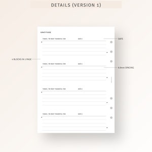 Pu&ograve; includere: Una pagina di diario di gratitudine stampabile con quattro blocchi per scrivere ci&ograve; per cui sei grato ogni giorno. La pagina include una sezione data e uno spazio per scrivere. Il testo "4 blocchi in 1 pagina" e "6,9 mm di spaziatura" &egrave; incluso sulla pagina.