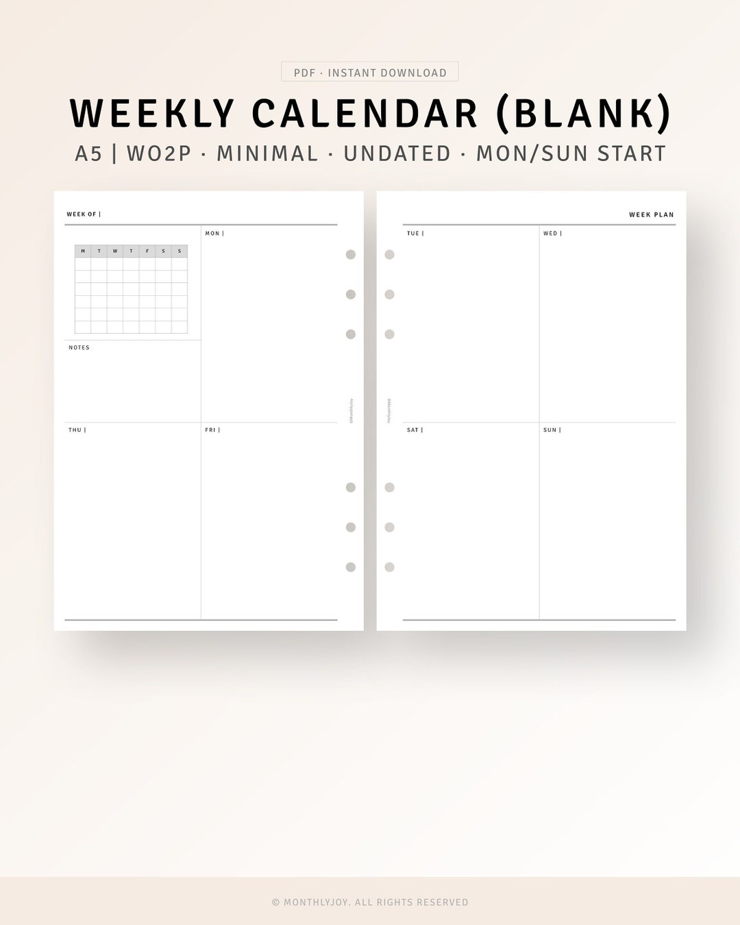 A5 Size, Week on 2 Pages Printable Undated Weekly Planner Pages With ...