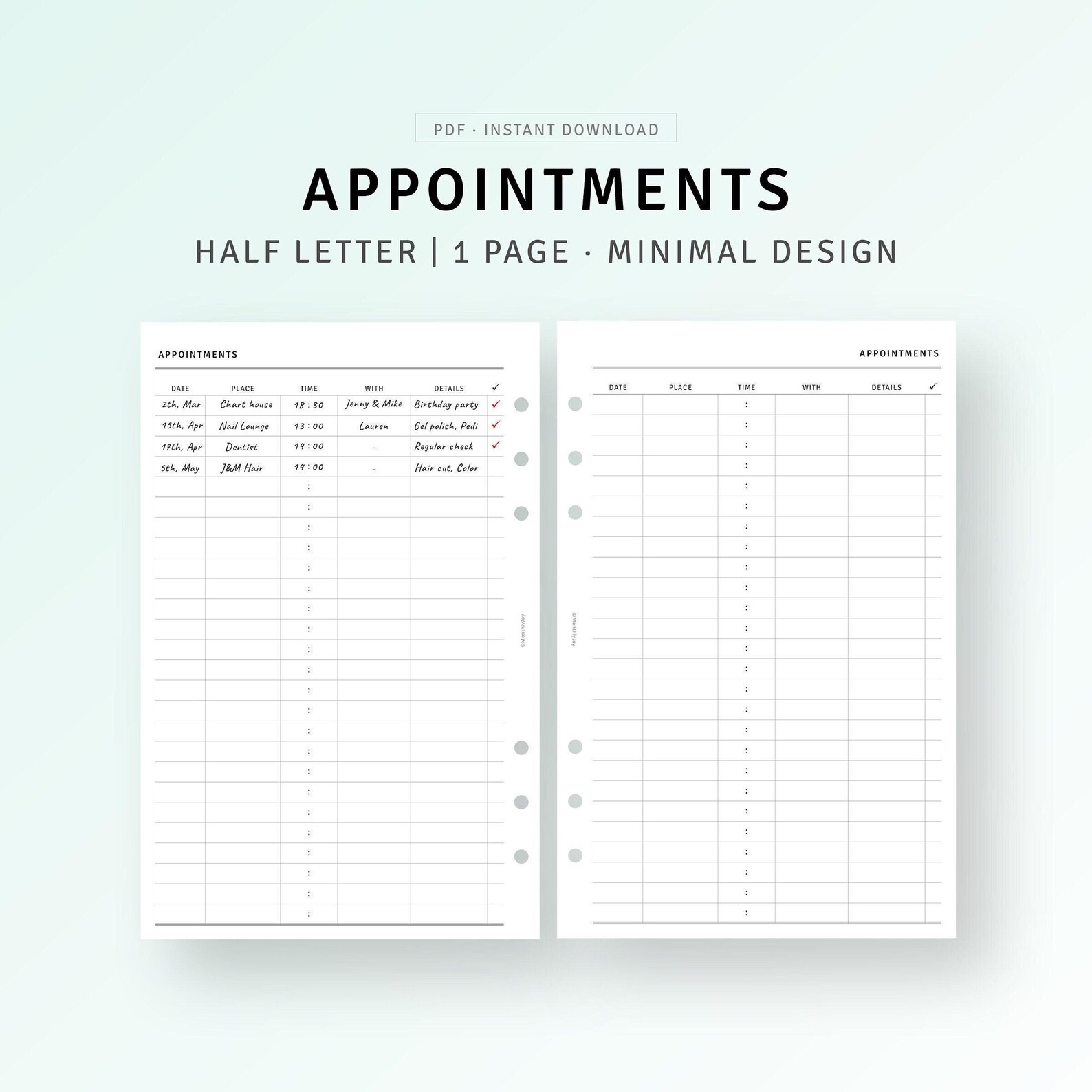 Time Insert Paper Appointments Tracker Printable Half Ring Inserts, Scheduling Organizer ...