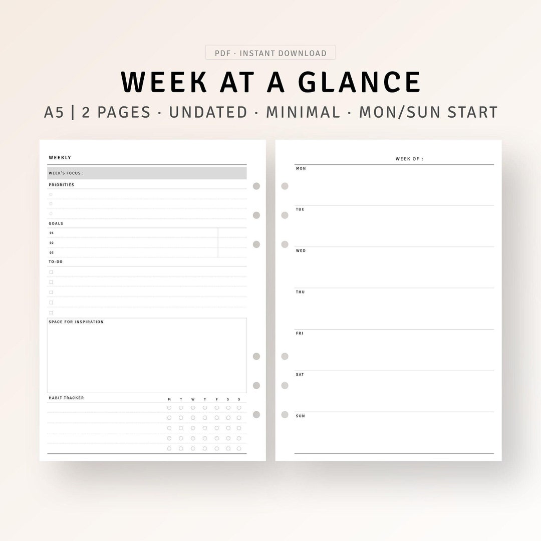 A5 Weekly Planner Printable Week on 2 Pages, Undated Weekly Goals ...