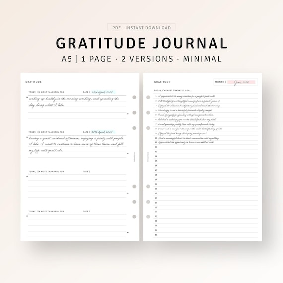 A5 Ring, Gratitude Journal Inserts Printable Mindfulness Log, One Line A Day, Monthly Reflection, Self Care Journal, Digital Download PDF