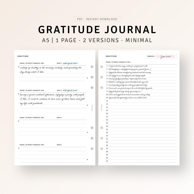 Pu&ograve; includere: Un diario di gratitudine stampabile in formato A5 con due layout diversi. Il primo layout ha uno spazio per la data e un'ampia area per scrivere. Il secondo layout ha un elenco numerato per scrivere le cose per cui sei grato. Il diario &egrave; progettato per essere minimalista e include il testo "Diario di gratitudine".