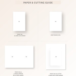 May include: A guide for printing and cutting paper for a printable planner. The guide shows how to print on A5 paper, A4 paper, and US letter paper. The guide also shows how to crop the pages for a clean look.