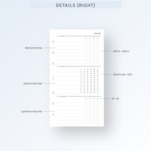 May include: A black and white printable planner page with sections for weekly, monthly, and quarterly routines. The page includes a calendar grid for tracking daily activities and a section for notes.