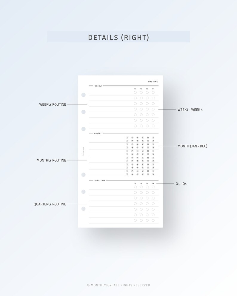May include: A black and white printable planner page with sections for weekly, monthly, and quarterly routines. The page includes a calendar grid for tracking daily activities and a section for notes.