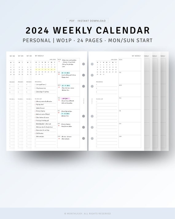 Personal, 2024 Weekly Planner Pdf Printable Week on One Page, to Do List,  Weekly Agenda Organizer, Productivity Planner, Week Overview Page 