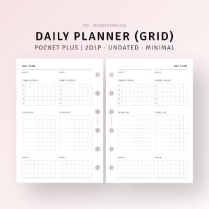 May include: A minimalist daily planner grid design with the text "DAILY PLANNER (GRID)". The planner includes sections for the day's plan, focus, to-do list, and notes. The design is undated and suitable for Pocket Plus and 2D1P formats.