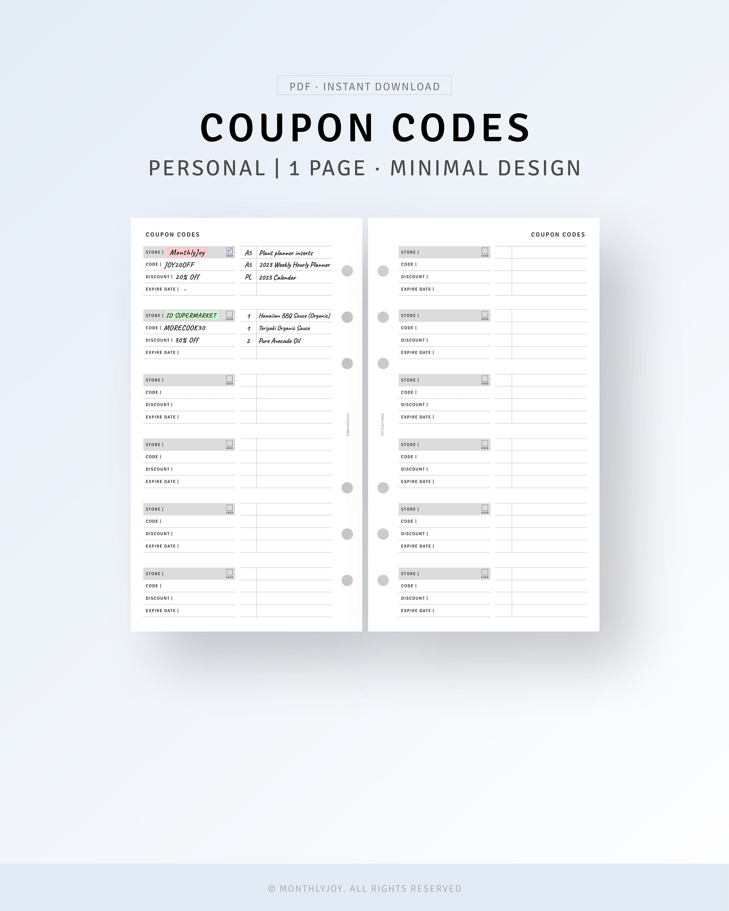 Personal, Coupon Codes Tracker Printable Shopping Discount Code Log  Template, Sale Checklist, Store Coupon Code Organizer, Discount Tracker 