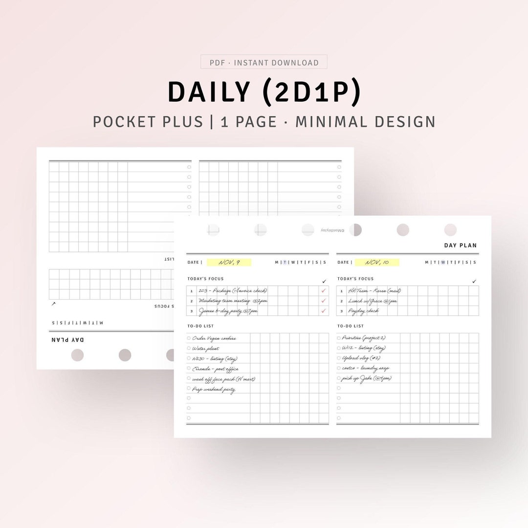 2 Days on 1 Page Printable Pocket Plus Inserts, Blank Daily Planner ...