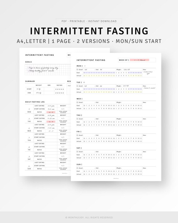 Intermittent Fasting Tracker Printable A4/Letter Ring Inserts, Keto Fasting Challenge, IF Tracking Chart, Fasting Journal, Digital Download