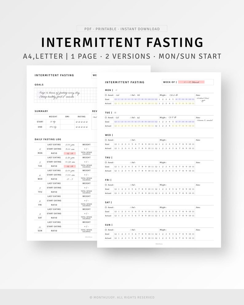 May include: Printable intermittent fasting tracker in black and white with a grid layout. The tracker includes sections for daily fasting log, goals, summary, and weekly tracking. The tracker is designed for a Monday or Sunday start.