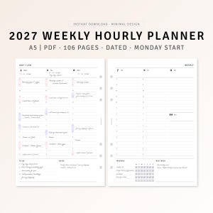 Puede incluir: Una agenda semanal horaria para 2027 en tamaño A5, con un diseño fechado que comienza el lunes en dos páginas. Las páginas blancas incluyen espacios horarios, lista de tareas, sección de notas, rastreadores de hábitos y resumen.