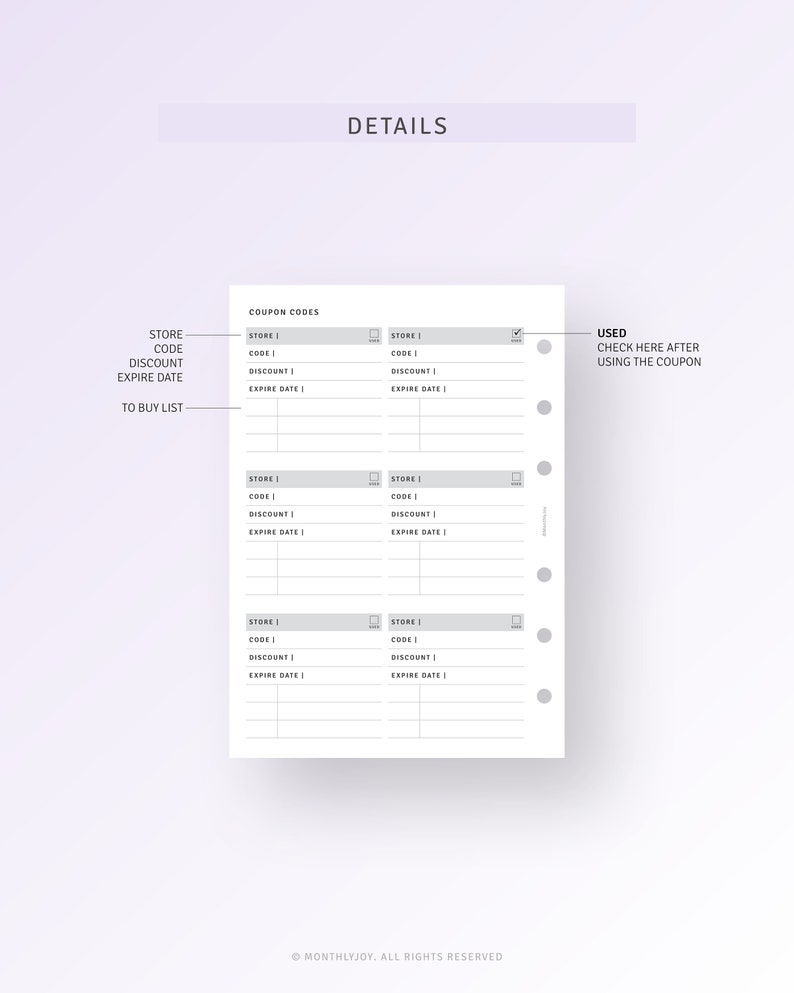 Coupon Codes Tracker A6 Inserts, Shopping Discount Code Log Template, Sale Checklist, Store Coupon Code List Organizer, Discount Tracker image 3