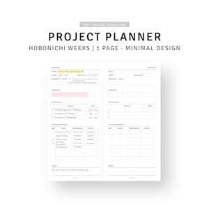 Op de afbeelding: Een minimalistische projectplanner met de tekst "PROJECT PLANNER" en "HOBONICHI WEEKS | 1 PAGE | MINIMAL DESIGN". De planner heeft secties voor projectdetails, voortgangsregistratie, mijlpalen en taakbeheer.