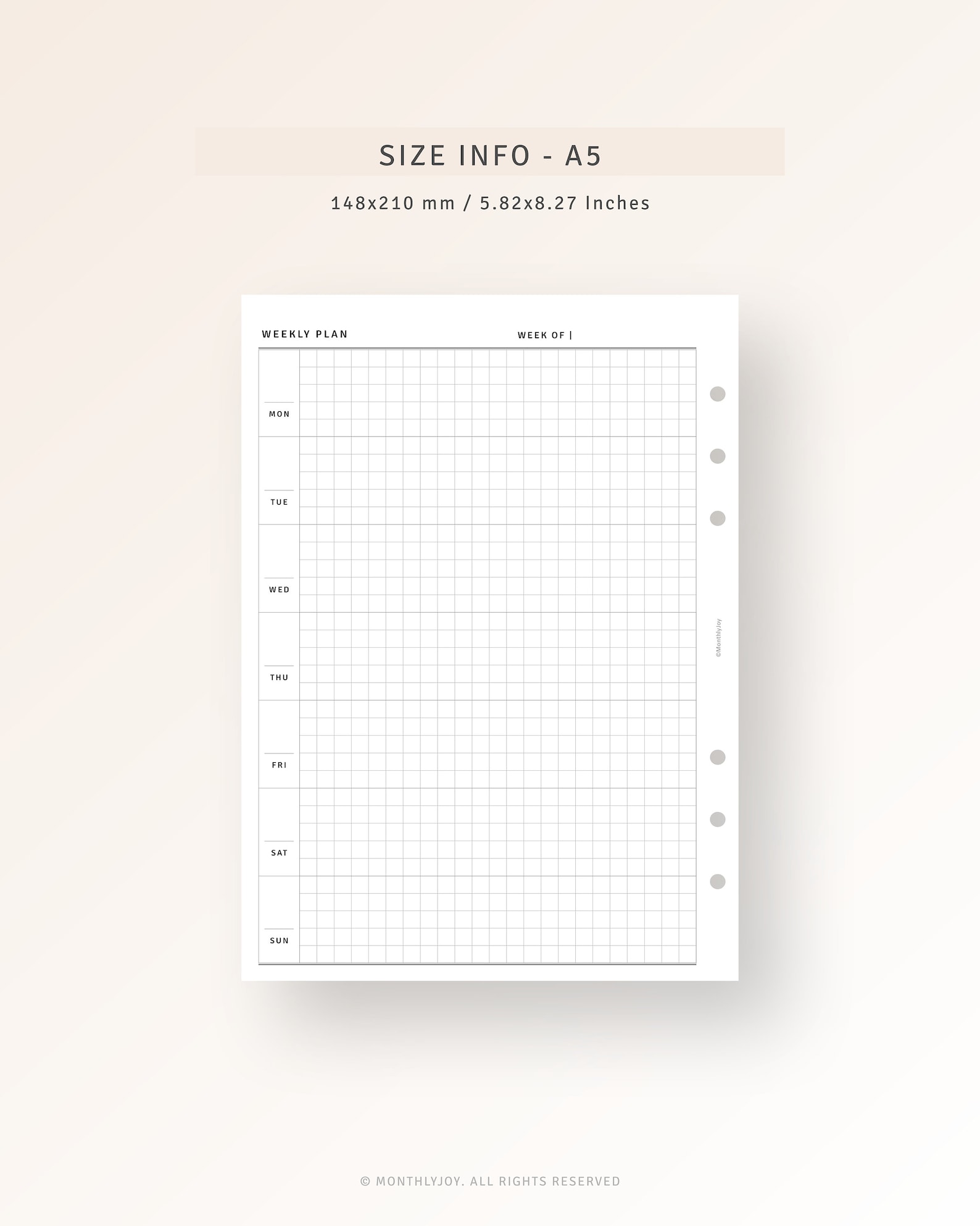 A5 Size, Week on One Page Printable Undated Weekly Planner PDF Template ...
