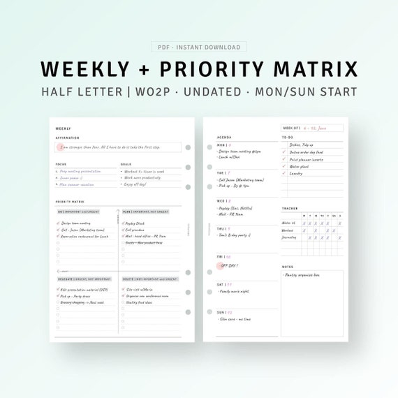 Undated Weekly Planner Half Size Printable Weekly Agenda with Priority Matrix, WO2P Inserts, Productivity Planner, Weekly Template Sheet