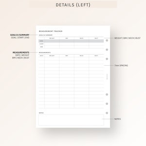 May include: A printable measurement tracker with sections for goals, measurements, and notes. The tracker includes columns for date, weight, BMI, neck, and bust.