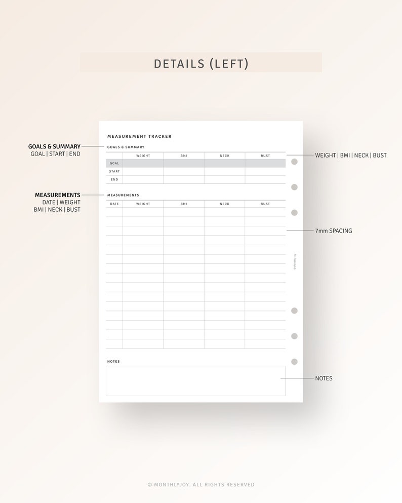 May include: A printable measurement tracker with sections for goals, measurements, and notes. The tracker includes columns for date, weight, BMI, neck, and bust.