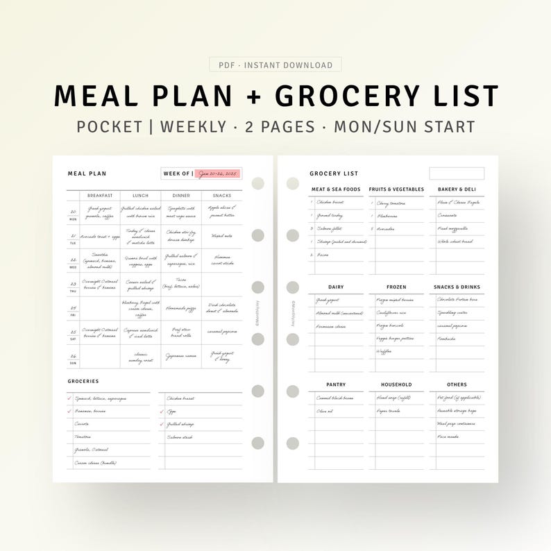 May include: A printable meal planner and grocery list template. The template is designed for a weekly meal plan and includes sections for breakfast, lunch, dinner, snacks, and groceries. The grocery list is divided into categories such as meat and seafood, fruits and vegetables, bakery and deli, dairy, frozen, snacks and drinks, pantry, household, and others.