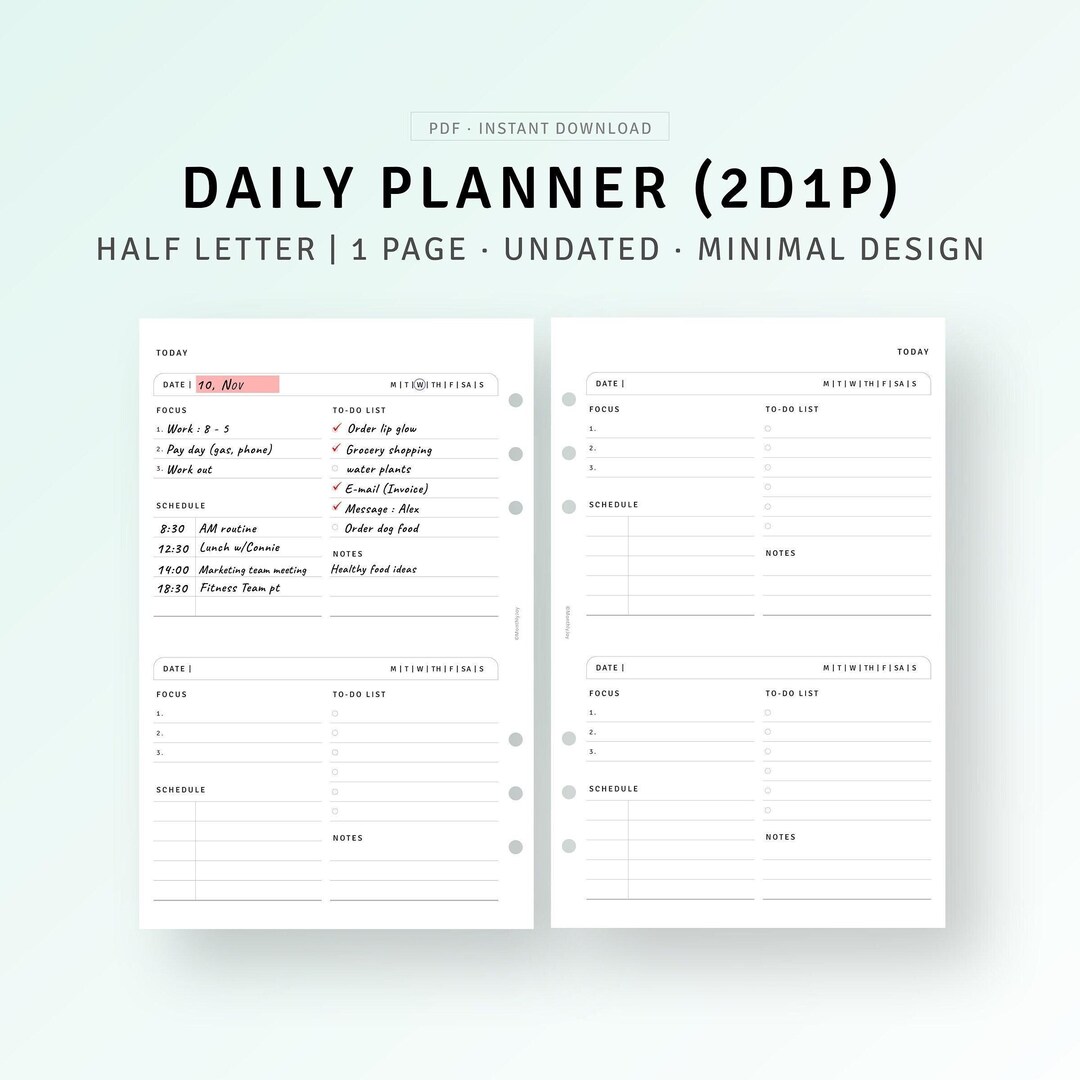 2 Days on 1 Page Printable Half-letter Inserts, Undated Daily Planner ...