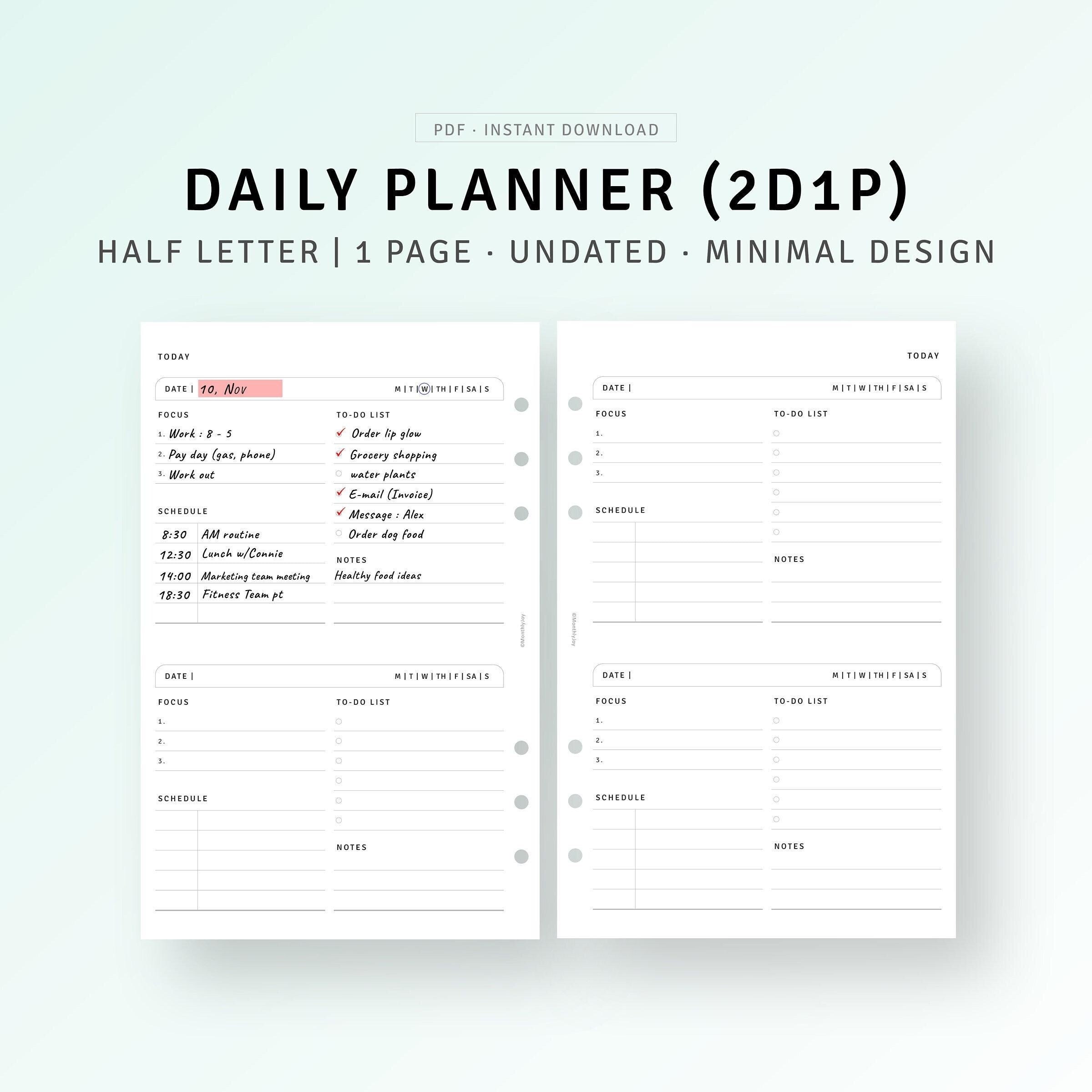 2 Days on 1 Page Printable Half-letter Inserts, Undated Daily Planner ...