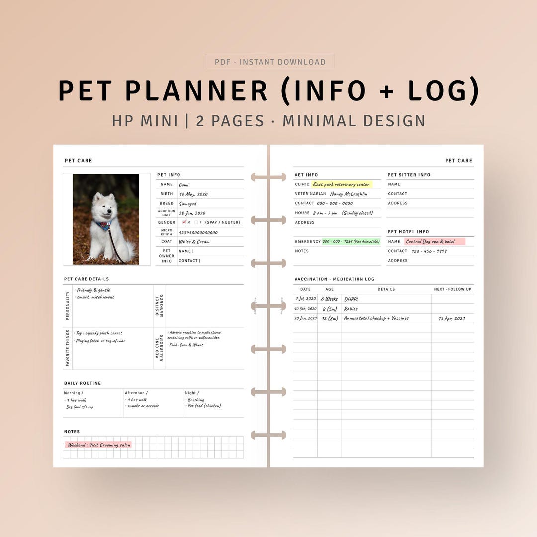 Pet Planner Printable Happy Planner Mini Inserts, Cat Dog Planner ...