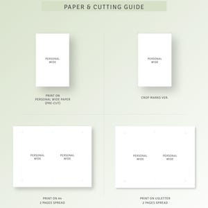 Peut inclure: Un guide pour l'impression et la d&eacute;coupe de papier pour un papier grand format personnel, du papier A4 et du papier lettre US. Le guide indique la taille du papier et le texte "PERSONAL WIDE" sur chaque format de papier.