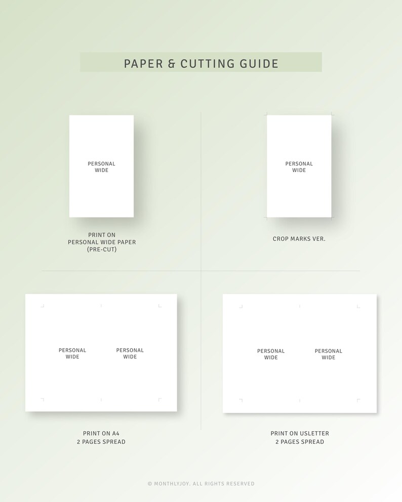 Peut inclure: Un guide pour l'impression et la d&eacute;coupe de papier pour un papier grand format personnel, du papier A4 et du papier lettre US. Le guide indique la taille du papier et le texte "PERSONAL WIDE" sur chaque format de papier.