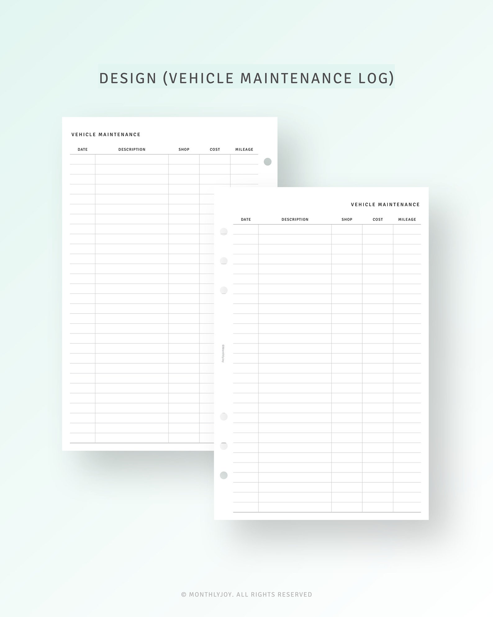 Vehicle Maintenance Log Printable Half Size Inserts, Car Care Service ...
