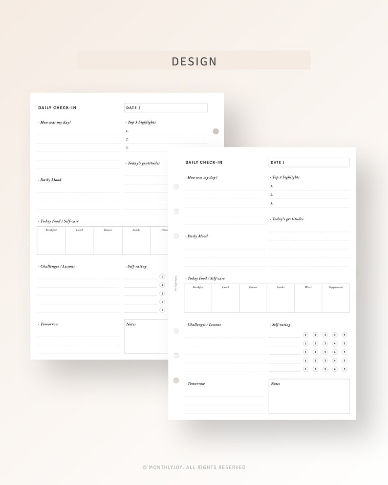 May include: A printable daily planner page with sections for daily check-in, mood, food and self-care, challenges and lessons, self-rating, tomorrow, and notes. The page is designed for use with a disc-bound planner.