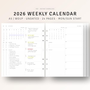 Op de afbeelding: Een digitale weekkalender voor 2026 met een minimalistisch ontwerp. De kalender is ongedateerd en heeft een dubbele pagina met ruimte voor notities, prioriteiten en een takenlijst. De tekst "2026 WEEKLY CALENDAR" staat bovenaan.