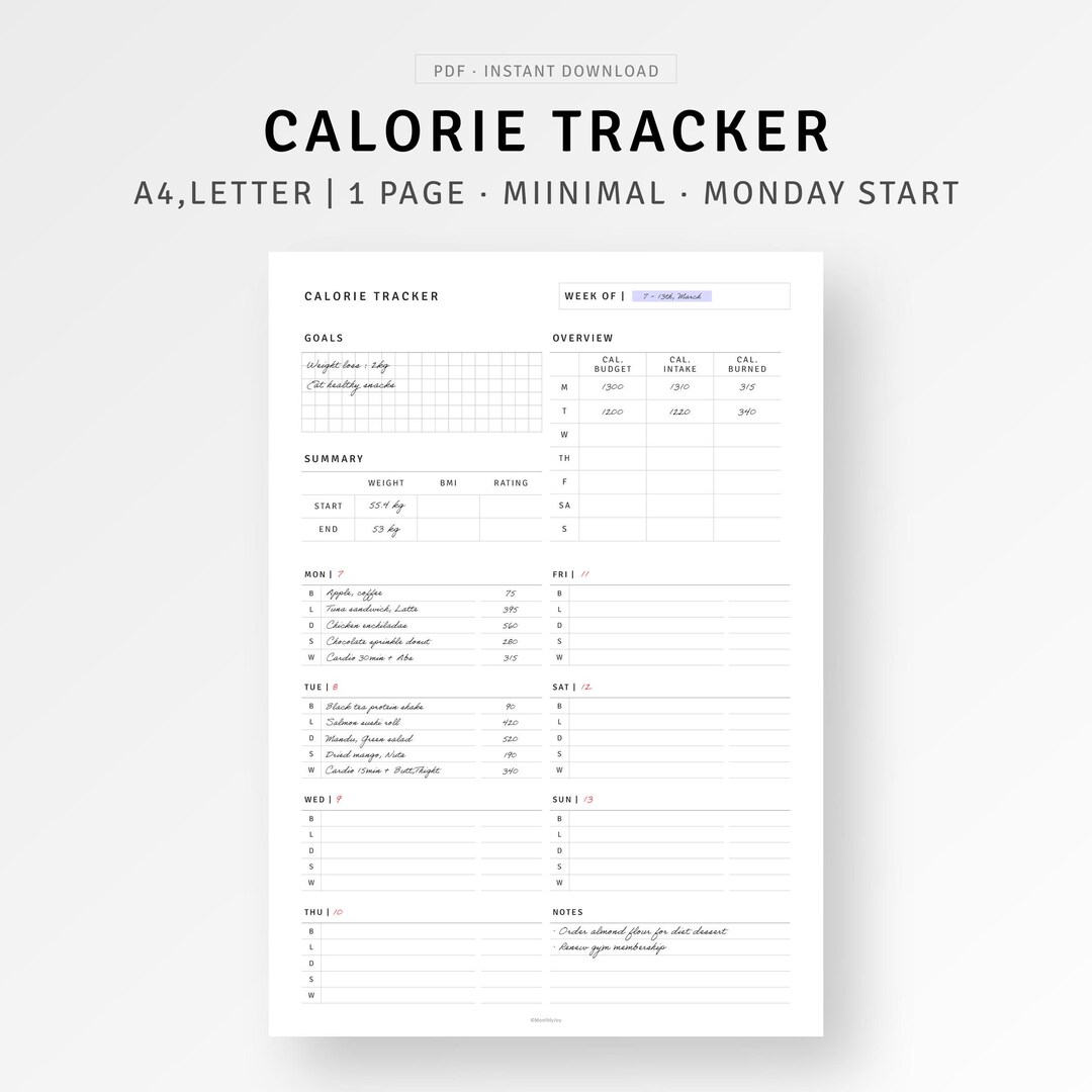 Calorie Tracker A4/letter Planner Printable Weight Loss Tracker, Weekly ...
