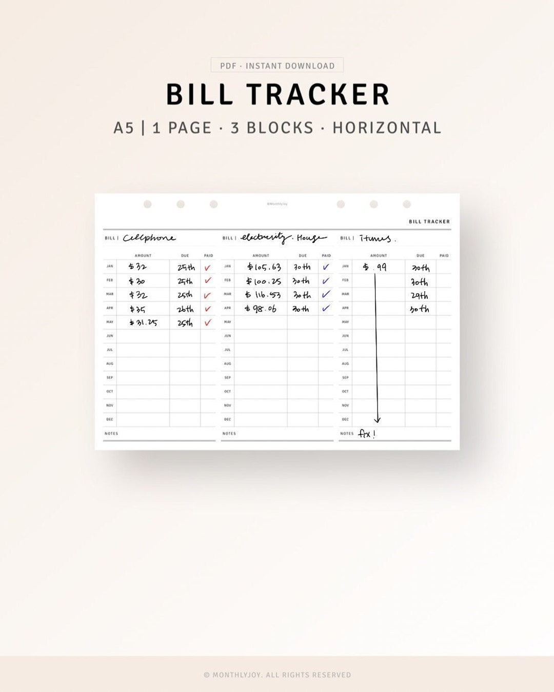 A5 Size Bill Tracker Printable Payment Reminder, Financial Money ...