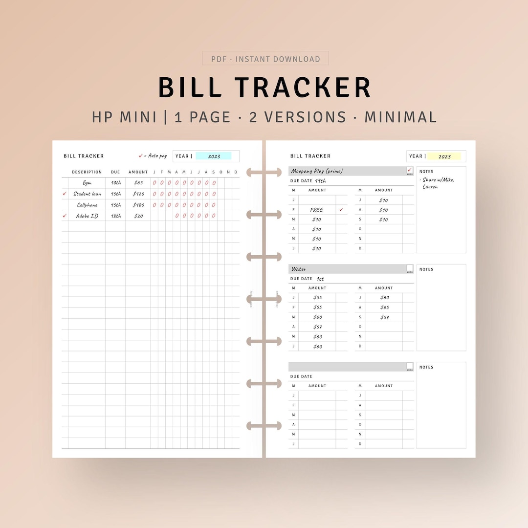 Bill Calendar Printable HP Mini Inserts, Yearly Spending Log Template ...