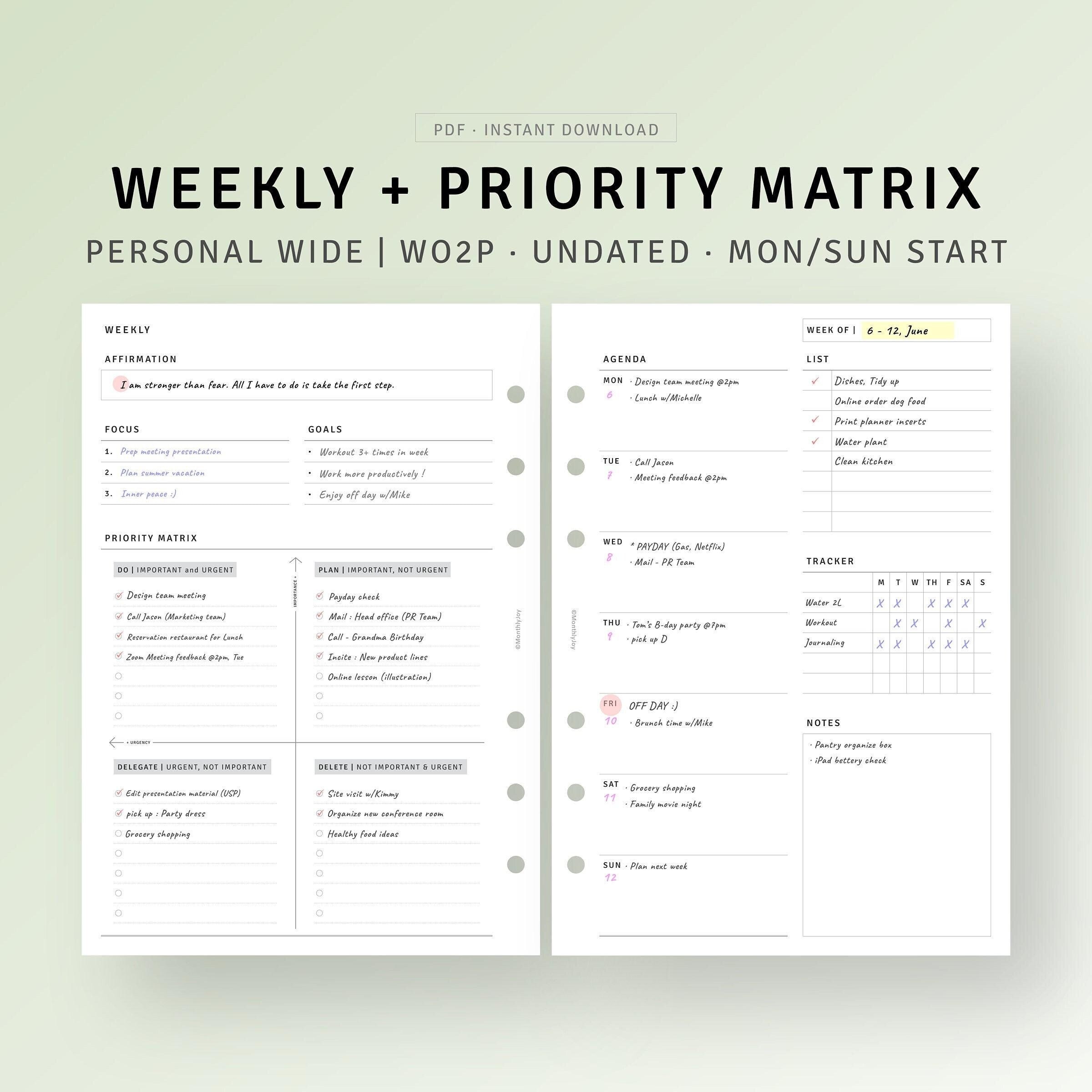 Weekly Planning With Priority Matrix Personal Wide Printable Weekly ...