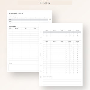 May include: A printable measurement tracker with sections for goals and summary, measurements, and notes. The tracker includes columns for weight, BMI, neck, bust, arms, waist, hips, thighs, and calves. It also includes a section for reward and reflection.