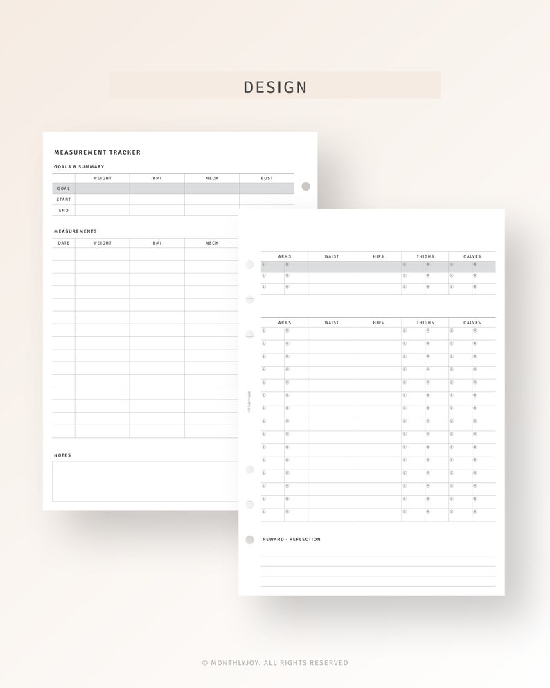 May include: A printable measurement tracker with sections for goals and summary, measurements, and notes. The tracker includes columns for weight, BMI, neck, bust, arms, waist, hips, thighs, and calves. It also includes a section for reward and reflection.