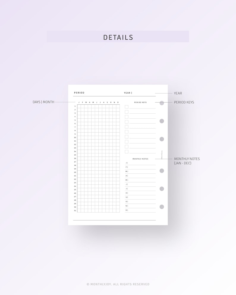 May include: A black and white printable planner page with a calendar grid, monthly notes section, and period keys. The calendar grid has days of the week labeled and numbers 1-31. The monthly notes section has lines for writing notes. The period keys section has circles for marking important dates.