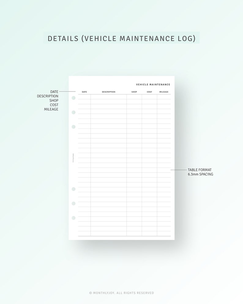 Vehicle Maintenance Log Printable Half Size Inserts, Car Care Service ...
