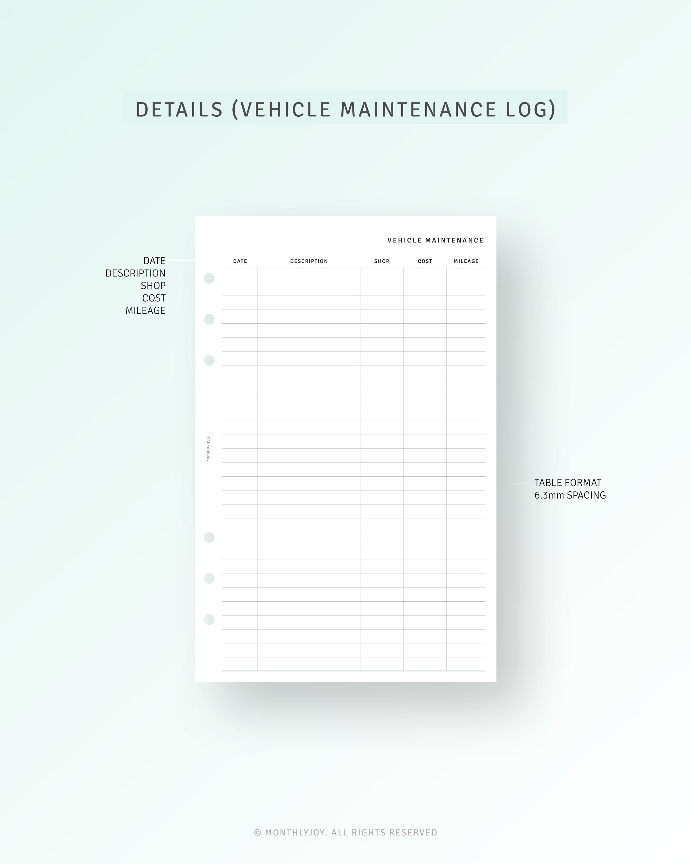 Vehicle Maintenance Log Printable Half Size Inserts, Car Care Service ...