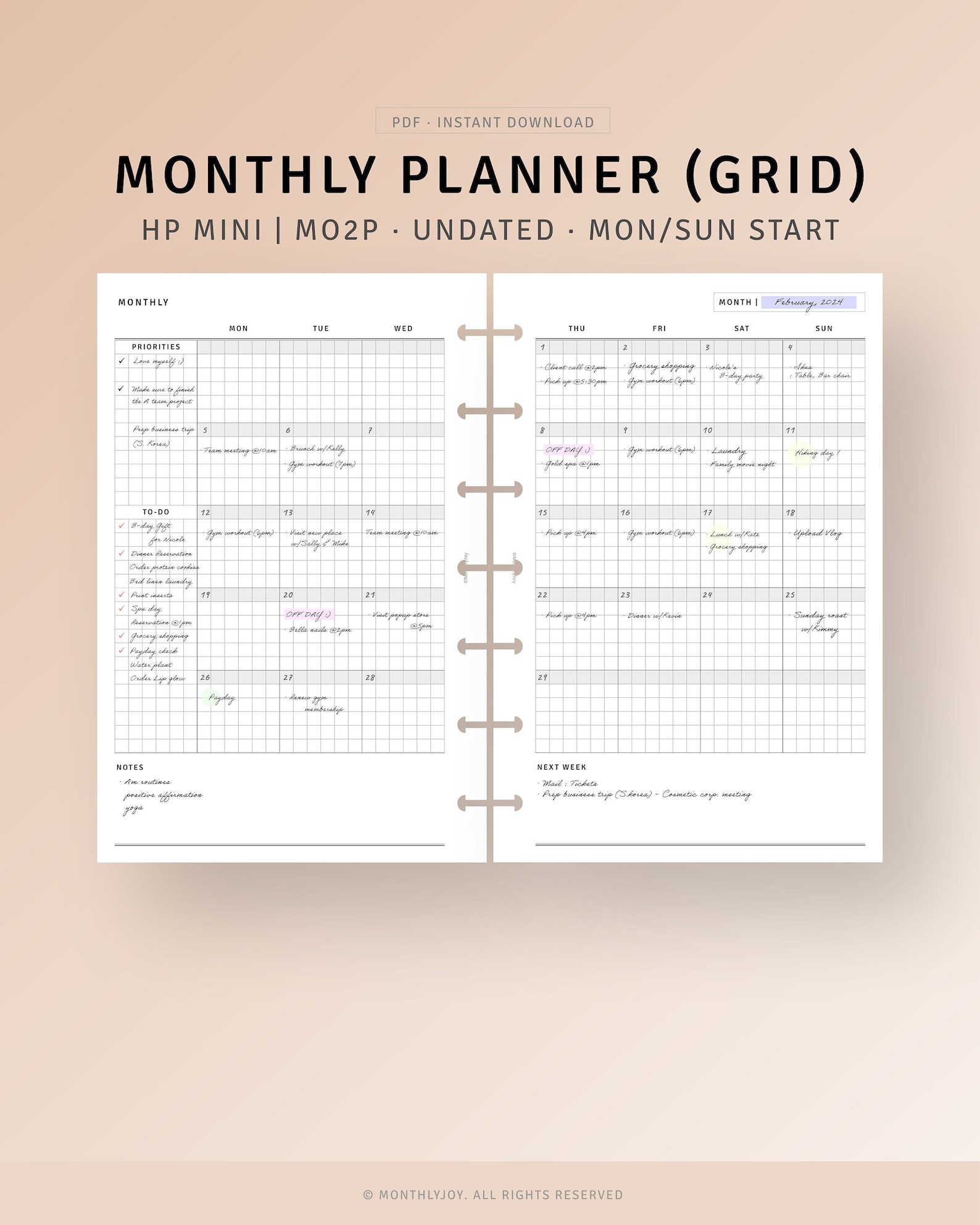 Month on 2 Pages Printable HP Mini Binder Inserts, Blank Monthly ...