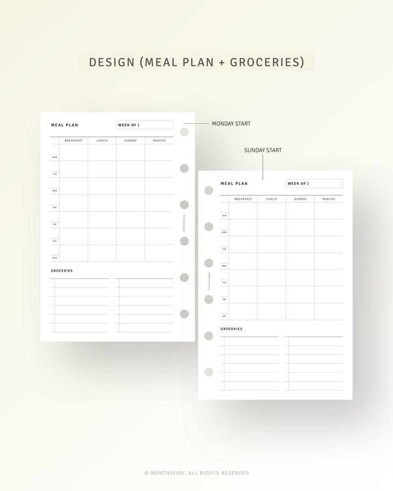 May include: A printable planner page with a meal plan and grocery list. The page is divided into sections for breakfast, lunch, dinner, and snacks. There are also sections for groceries and notes. The page is designed for a weekly planner.