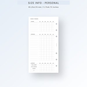 May include: A printable personal finance tracker for a yearly budget. The tracker includes sections for income, expenses, and a summary of total income, expenses, and savings. The tracker is designed for a personal size planner with 6-ring binding.