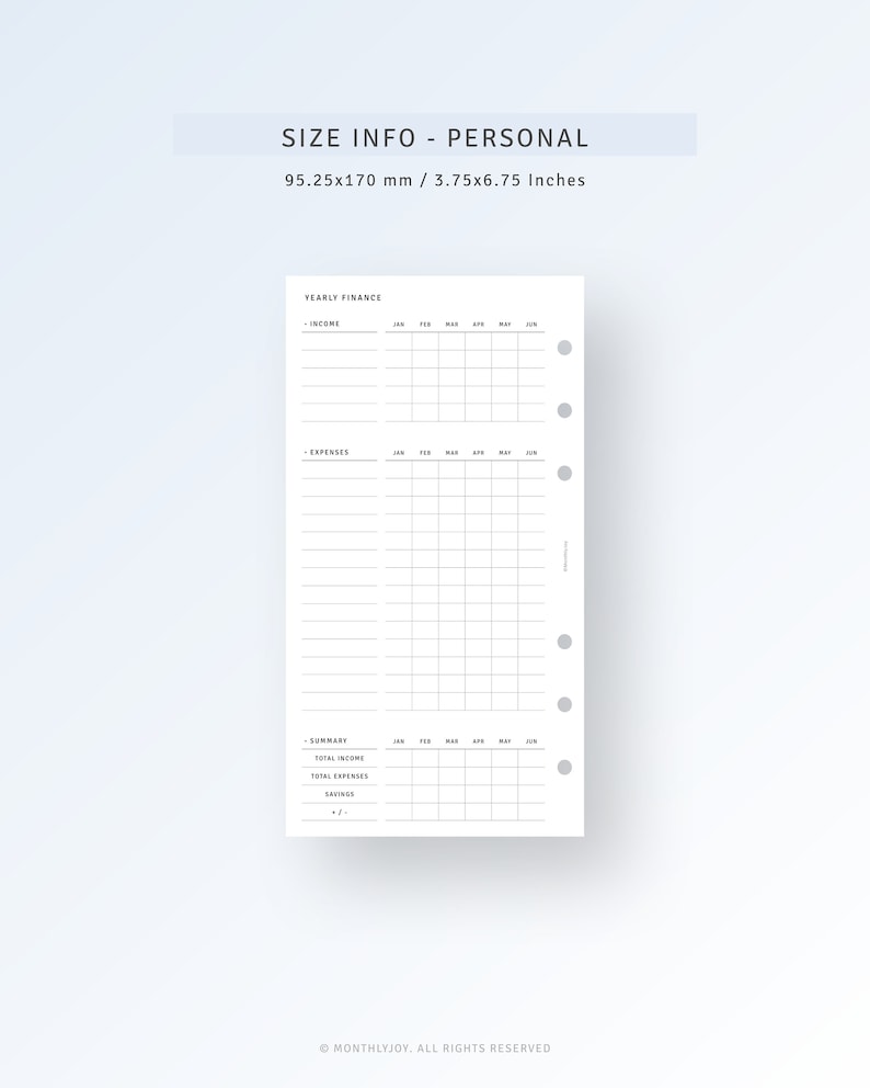 May include: A printable personal finance tracker for a yearly budget. The tracker includes sections for income, expenses, and a summary of total income, expenses, and savings. The tracker is designed for a personal size planner with 6-ring binding.