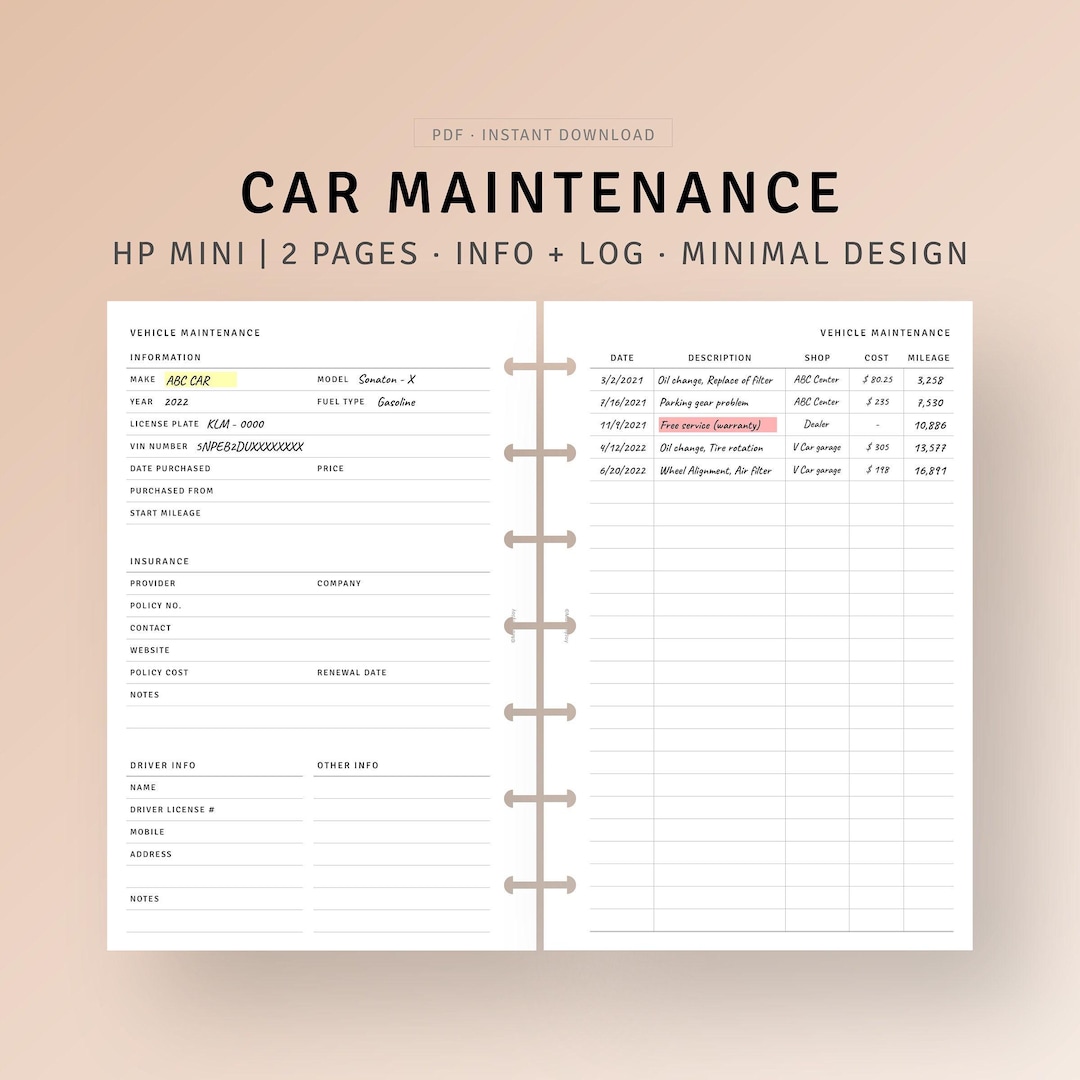 Car Maintenance Log Printable HP Mini Inserts, Auto Mileage Journal ...