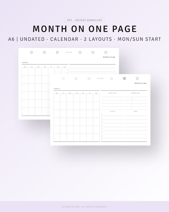 Undated Monthly Planner A6 Inserts Printable Blank Monthly | Etsy