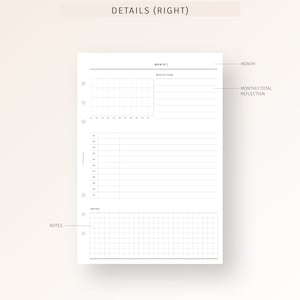 Puede incluir: Una p&aacute;gina de planificador imprimible con un calendario mensual, una secci&oacute;n de notas y un espacio de reflexi&oacute;n. La p&aacute;gina est&aacute; dise&ntilde;ada para usarse con un planificador de anillas.