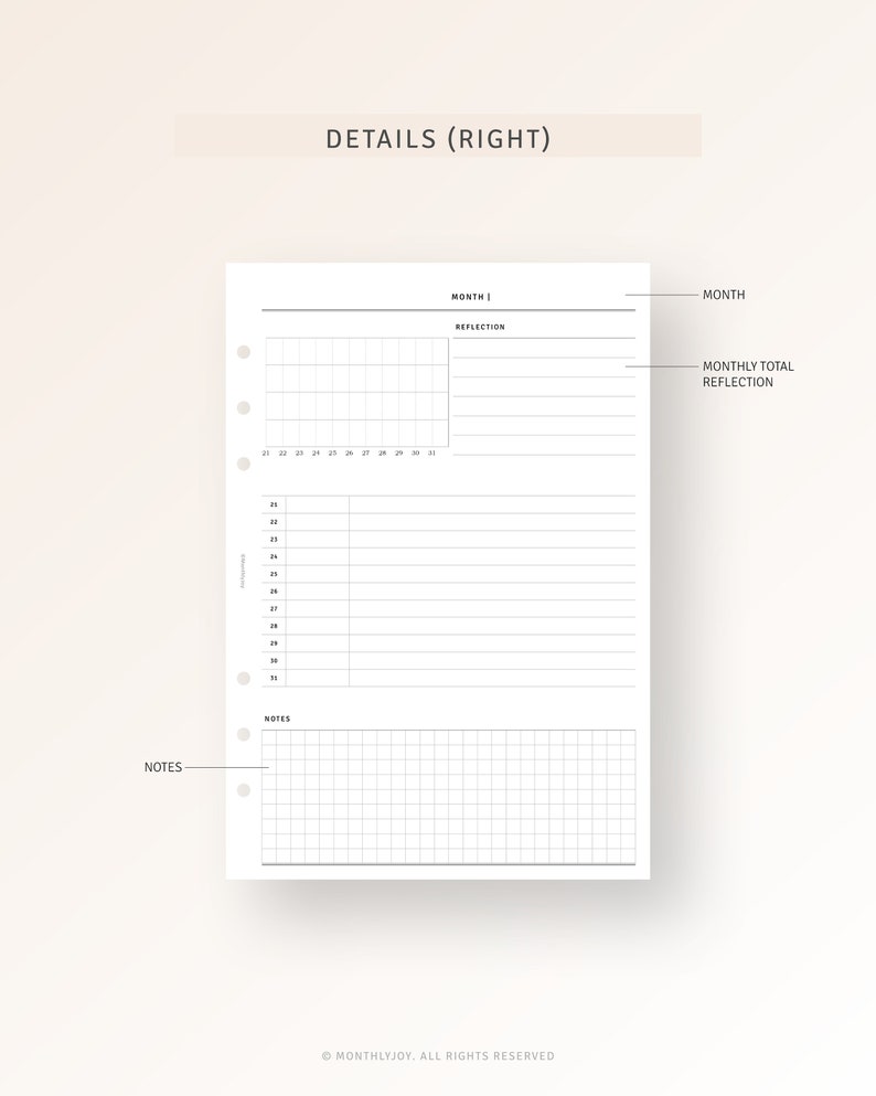 Puede incluir: Una p&aacute;gina de planificador imprimible con un calendario mensual, una secci&oacute;n de notas y un espacio de reflexi&oacute;n. La p&aacute;gina est&aacute; dise&ntilde;ada para usarse con un planificador de anillas.