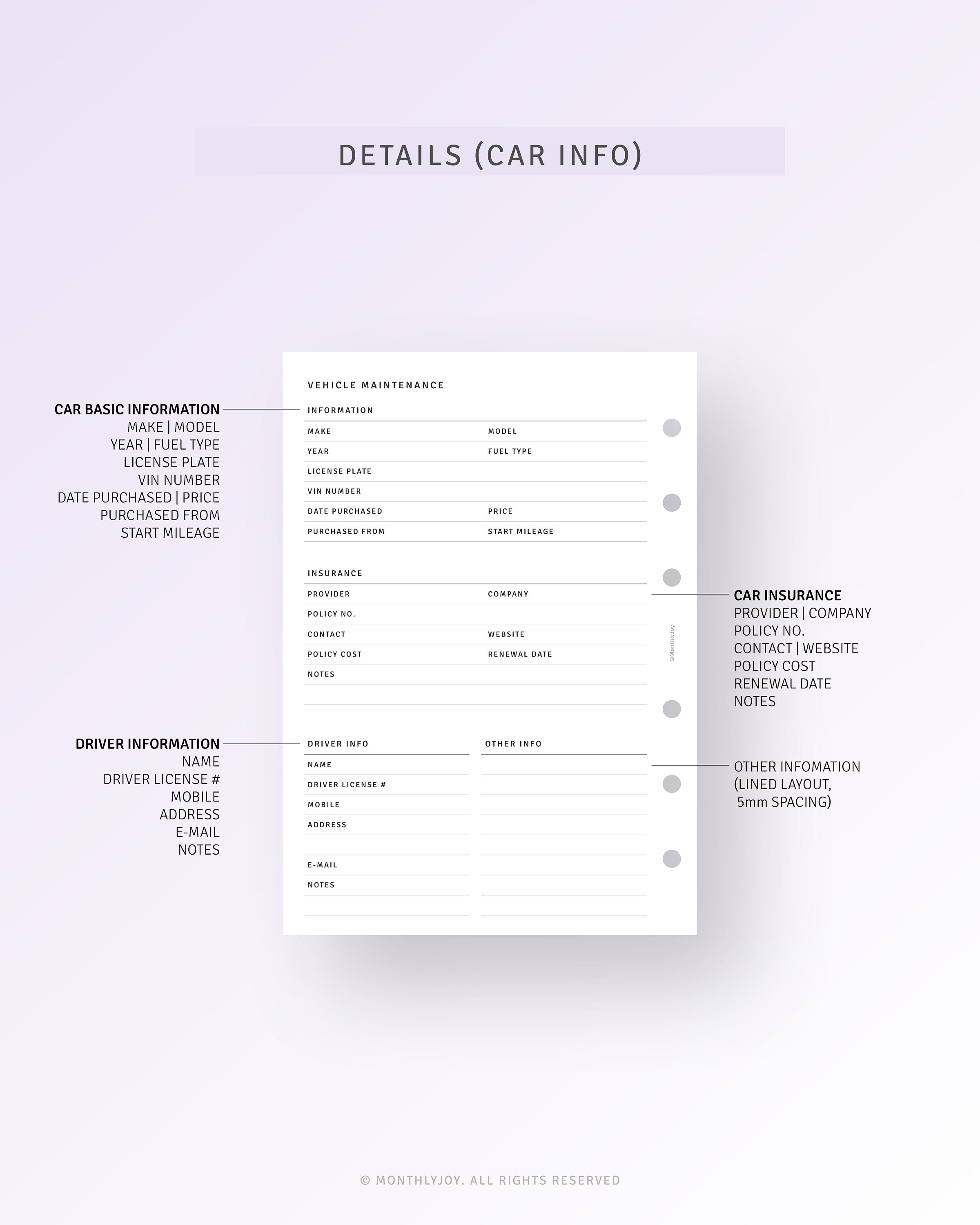 Car Maintenance Log A6 Planner Inserts Printable Household Vehicle Care ...